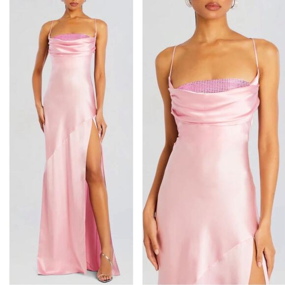 Retrofete Emery Crystal Embellished Silk Cowl Neck Pink Maxi Dress Size Large - Picture 2 of 8